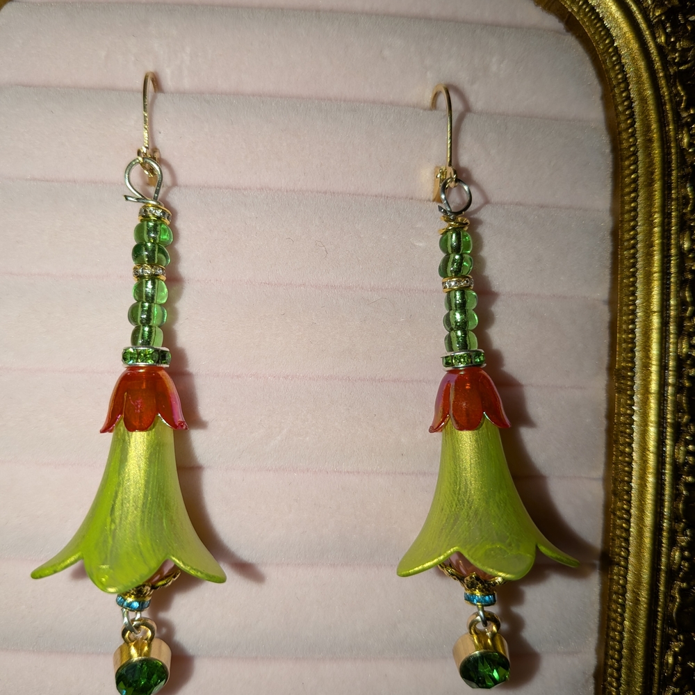 Elegant Floral Earrings with Green and Red Accents
